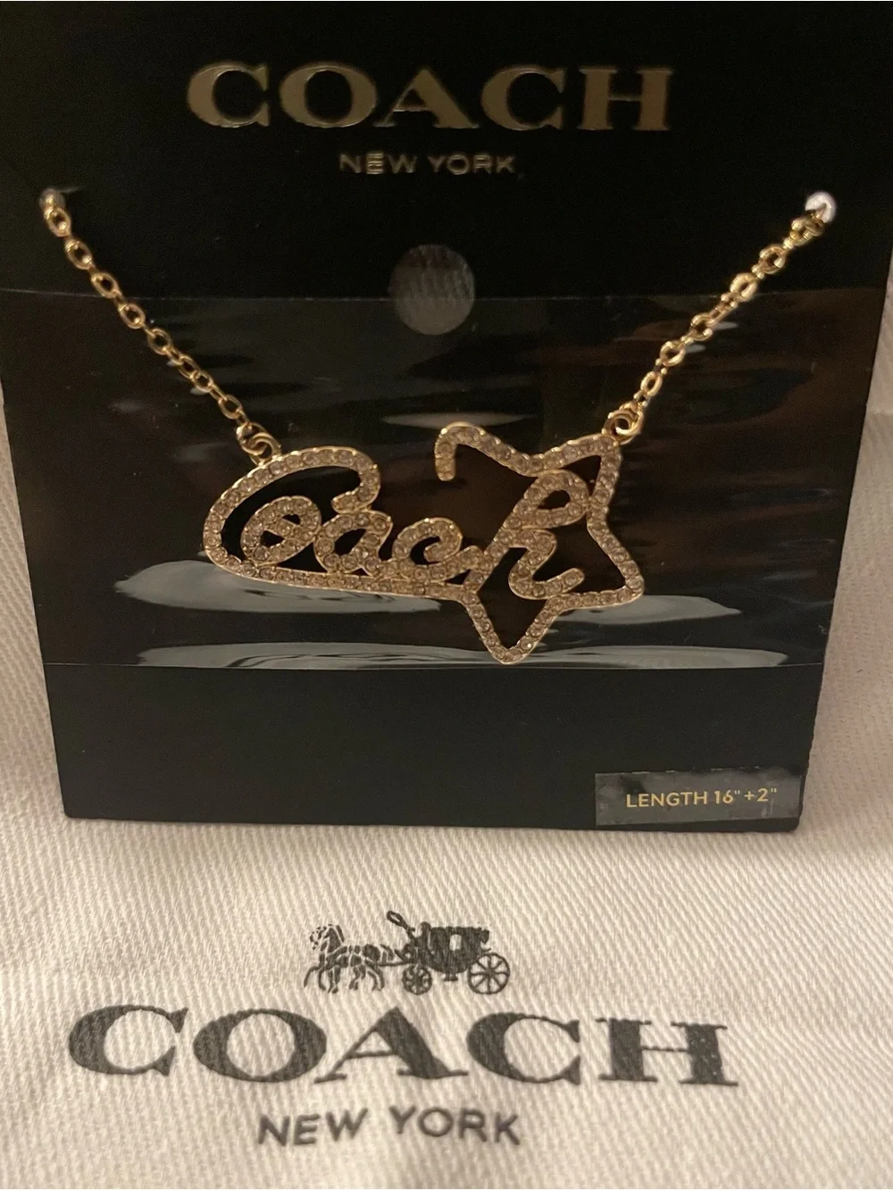 Coach Gold Crystal Logo Script Necklace - NWT